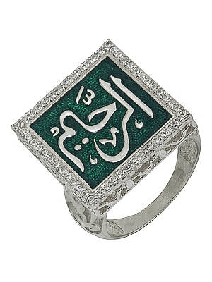 Кольцо мусульманское из серебра c эмалью и фианитами