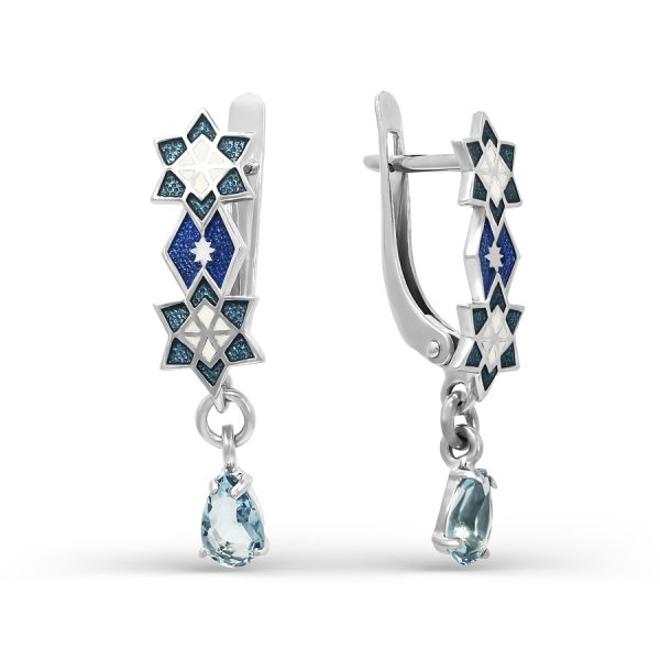Серьги классические из серебра с эмалью и фианитами